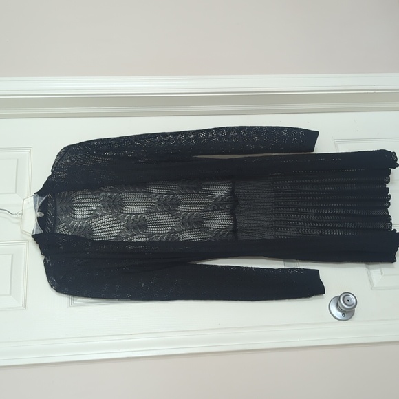 NEW LARGE LONG CROCHET KNIT DUSTER SWEATER BLACK - Picture 2 of 10
